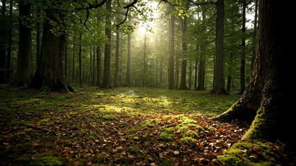 Wall Mural - Gentle push-in shot to a secluded, remote forest clearing with dappled sunlight filtering through the dense canopy, evoking peace and hidden tranquility clearing, wilderness, spiritual