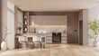 © LEKSTOCK 3D - Modern kitchen interior with a stylish island, bar stools, Luxury home design with marble backsplash.3d render