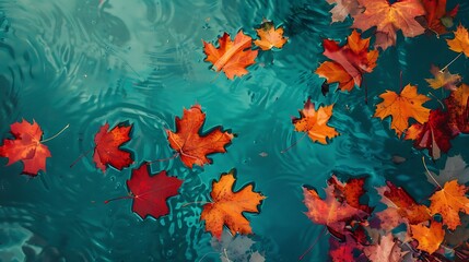 Autumn maple leaves floating on the surface of rippling blue water, creating a beautiful and serene natural scene with vibrant fall colors.