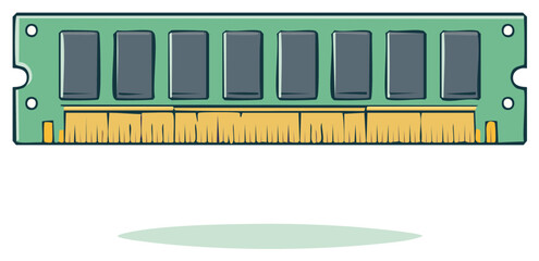 Stylized illustration of a computer memory module with green circuit board and gold contacts
