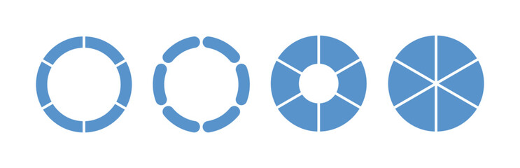 Wall Mural - Circle division infographic icon set. Pie chart divided six equal parts. Blue ring, donut round diagram. Infographic wheel segment and fraction. Vector illustration isolated on white background.