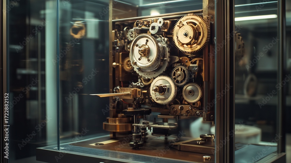 Intricate clockwork mechanism with gears and cogs on display inside a ...