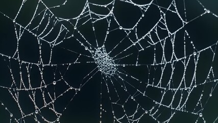 Detailed Spiderweb with Dew Droplets against a Dark Background Close Up