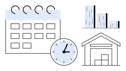 Wall Mural - Calendar with highlighted days, clock, upward-trending bar graph, and warehouse with boxes. Ideal for supply chain, planning, inventory, scheduling, time management productivity data analysis