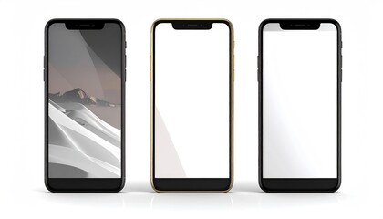 Three mobile phones in a row; left screen shows a desert, middle and right screen are blank/white. Modern design, sleek