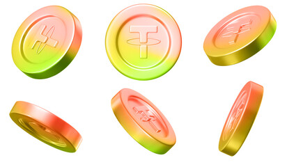 Wall Mural - 3d set neon Tether or USDT coin with different angles. Crypto money icon. Autumn colors. Stock vector illustration on isolated background.	
