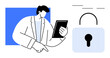 © robu_s - Business professional holding a tablet and pointing, with an open padlock beside him. Ideal for data security, access control, digital privacy, cloud technology, user authentication, password