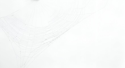 Minimalist macro photography of a nearly invisible spiderweb, showcasing the intricate design and fragile beauty of nature's architecture on a white background