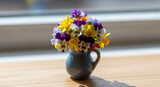 A small blue pitcher filled with colorful flowers sitting on a wooden surface near a bright window ai generated