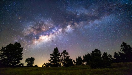 Wall Mural - Stunning natural night landscape with a clear starry sky, silhouetted trees, and soft moonlight filtering through the clouds