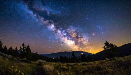 Wall Mural - Stunning natural night landscape with a clear starry sky, silhouetted trees, and soft moonlight filtering through the clouds
