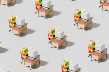 3d robot at computer desk working in office repetitive pattern