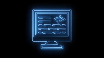 Computer screen with code snippets and brackets appearing in neon blue light animation