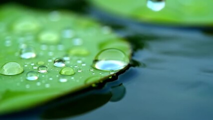Wall Mural - Extreme macro close-up of glistening water droplets collected on a verdant lily pad, slowly rolling off into the pond rolling, pure, pad
