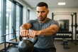 © Who is Danny - Focused man lifting kettlebell in modern gym with natural light and weightlifting equipment in background, showcasing strength and concentration. Ai generative