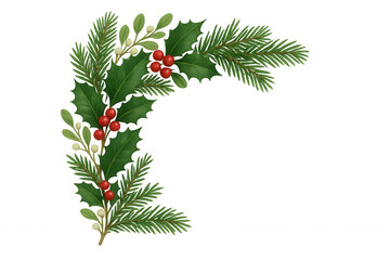 Wall Mural - Christmas border with holly leaves, red berries, mistletoe, and spruce branches on transparent background