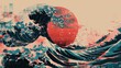 © Maciej - Crane and Japanese wave for T-shirt.Traditional Chinese wave and sunrise.Beautiful line art of nature for printing on shirt.Asian art for doodle and painting on background. Ai generation