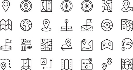 Collection of black outline icons representing maps location pins compass and globe