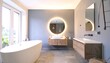 © printer - Modern bathroom with natural wood vanity