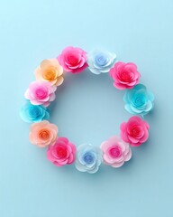 Wall Mural - colorful flower wreath on pastel blue wall, minimal festive composition, copyspace