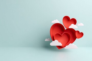 Wall Mural - red heart paper cut floating on pastel wall, love concept, copyspace
