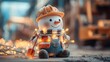 © Nadezhda - A cheerful snowman wearing a construction hat and overalls, surrounded by glowing fairy lights. The scene conveys a festive winter atmosphere.