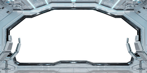 Wall Mural - White futuristic spaceship cockpit with isolated cut out transparent window. Glossy starship interior with glowing lights. 3D rendering
