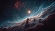 © le - Amazing nebula in dark sky with red cloud and stars, bright white star at center for astronomical theme