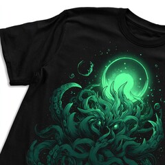glowing green cosmic octopus on black shirt