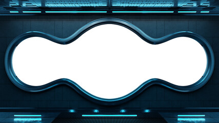 Wall Mural - Black spaceship interior with isolated cut out transparent modern window. Futuristic dark starship with glowing blue lights