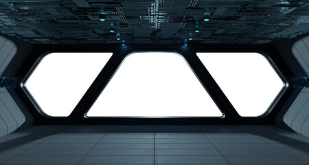 Wall Mural - Black spaceship interior with isolated cut out transparent window. Futuristic dark starship with glowing lights