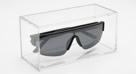 Sunglasses inside clear acrylic display case on white background