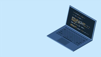 Isometric laptop animation. Programming on laptop concept with program code. Program code on a laptop screen. Isometric technology. 4K video animated in isometric style