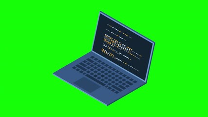 Isometric laptop animation. Programming on laptop concept with program code. Program code on a laptop screen. Isometric technology. 4K video animated in isometric style