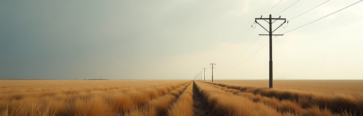 Wall Mural - solitary electric pole stands tall amidst vast barren field golden grasses set dull grey sky soft diffused light