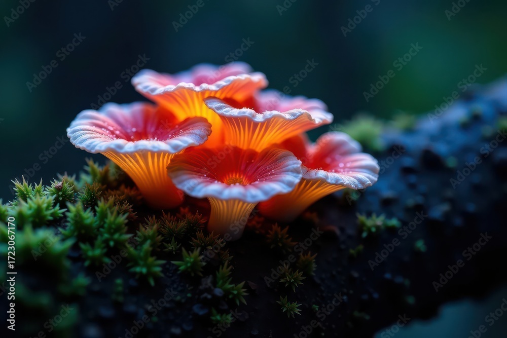 Glowing, bioluminescent fungi cluster on mossy log, fantasy forest ...