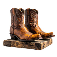 Pair of Stylish Cowboy Boots on Wooden Display Stand, isolated on transparent background