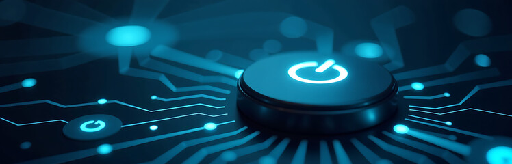 Wall Mural - futuristic neural network glows soft blue light sleek metallic button labeled shines brightly foregr