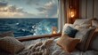 © SSP - Cozy bed with textured pillows and blankets by a large window overlooking a calm ocean under a partly cloudy sky during sunset or early evening.