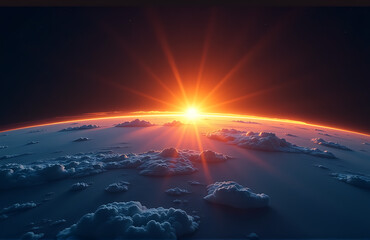 Wall Mural - breathtaking sunrise breaks curved blue earth casting warm golden light horizon wispy clouds set inky blackness