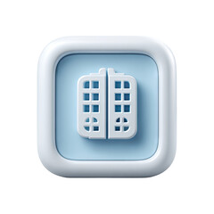 Light-blue square icon with a white, embossed, building-shaped symbol in the center