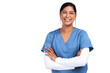 © Sumeet K Video/peopleimages.com - Nurse in portrait, woman with arms crossed and happy, healthcare professional isolated on transparent png background. Mexican female person in medicine with smile, hospital staff and nursing