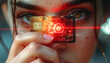© HumblePride - The Glitch: A futuristic digital concept showcases an individual holding a credit card-like chip emitting red light, symbolizing advanced technology and digital transformation.