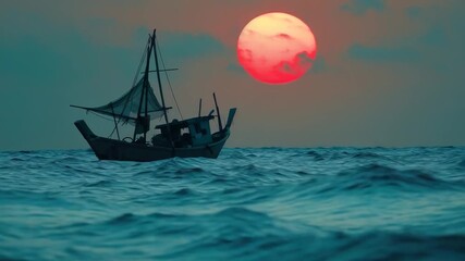 Wall Mural - A lone boat floats on the calm ocean surface as the sun sets in the background