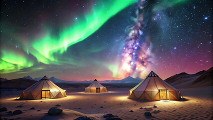 Wall Mural - Cultural Glowing Desert Tents Under Aurora Night Sky