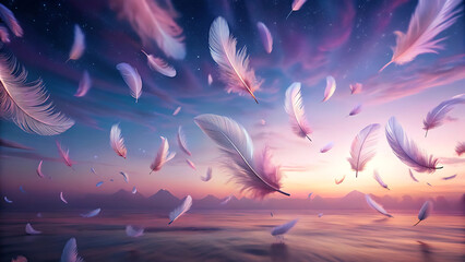 Wall Mural - Dreamy Glowing Feathers Falling Across A Pastel Horizon