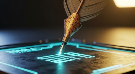 Futuristic Quill Writing Digital Information Symbols