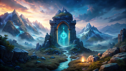 Wall Mural - Fantasy enchanted gateway glowing in mountains with mystical lights