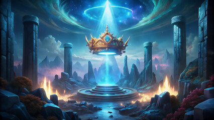 Wall Mural - Fantasy glowing crown floating above throne in surreal palace