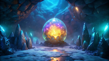Wall Mural - Fantasy glowing dragon egg in crystal cave surreal mystical design